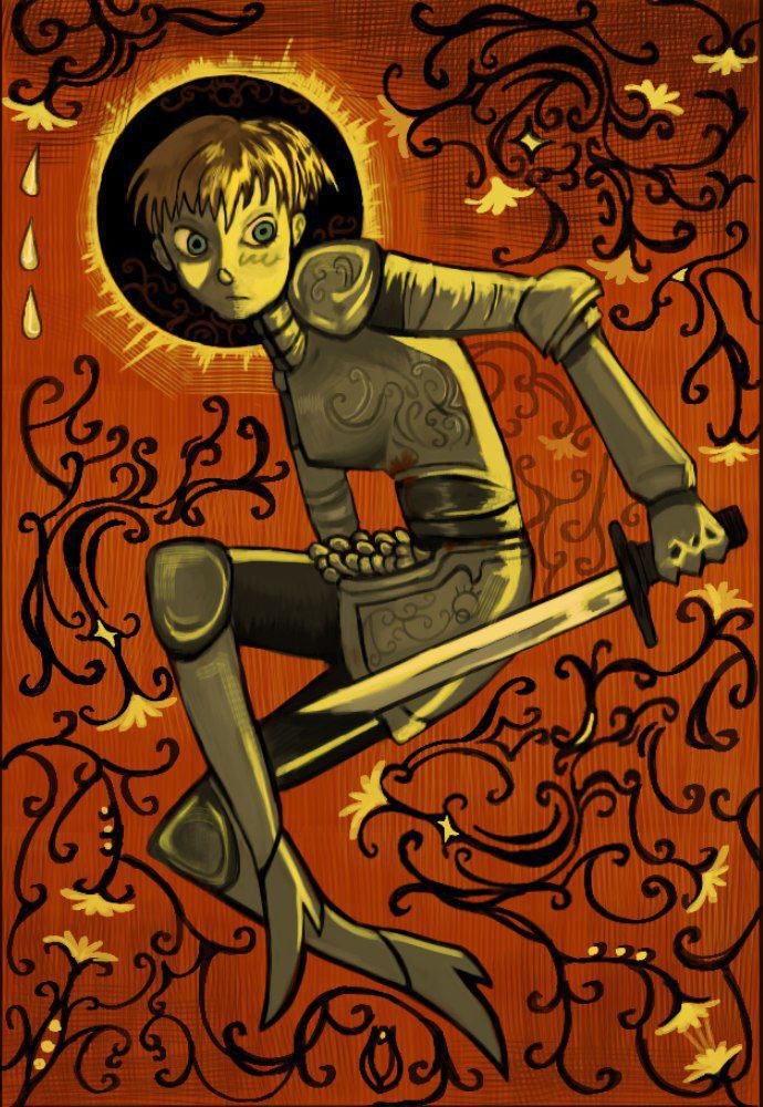 1girl armor armored_boots black_halo black_pants blood blood_on_armor blue_eyes blush boots bowl_cut breastplate breasts closed_mouth couter cuirass d&#039;arce_(fear_&amp;_hunger) eclipse engraved_armor faulds fear_&amp;_hunger_(series) fear_&amp;_hunger_1 full_body gauntlets gloves gorget greaves halo high_heel_boots high_heels holding holding_blade holding_sword holding_weapon knee_boots knight left-handed light_frown looking_to_the_side metal_gloves no_eyebrows orange_hair pants pauldrons plate_armor pointy_breasts poleyn red_background rerebrace shoes short_hair short_sword shoulder_armor solo sword very_short_hair warrior weapon