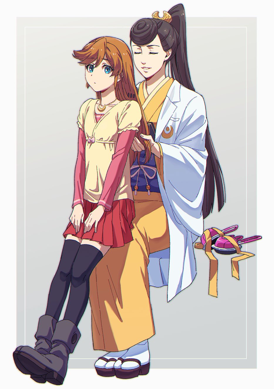2girls ace_attorney athena_cykes bad_id bad_twitter_id black_footwear black_thighhighs blue_eyes boots border brown_hair closed_eyes coat crescent crescent_necklace full_body hair_down hair_ornament hand_in_another&#039;s_hair hands_on_lap headphones highres japanese_clothes jewelry kimono long_hair metis_cykes mother_and_daughter multiple_girls necklace obi ochanohadesu okobo open_clothes open_coat orange_hair outside_border parted_lips phoenix_wright:_ace_attorney_-_dual_destinies platform_sandals red_skirt red_undershirt ribbon sandals sash shirt skirt smile socks teeth thighhighs unworn_headphones unworn_ribbon very_long_hair white_border white_coat white_socks yellow_kimono yellow_ribbon yellow_shirt