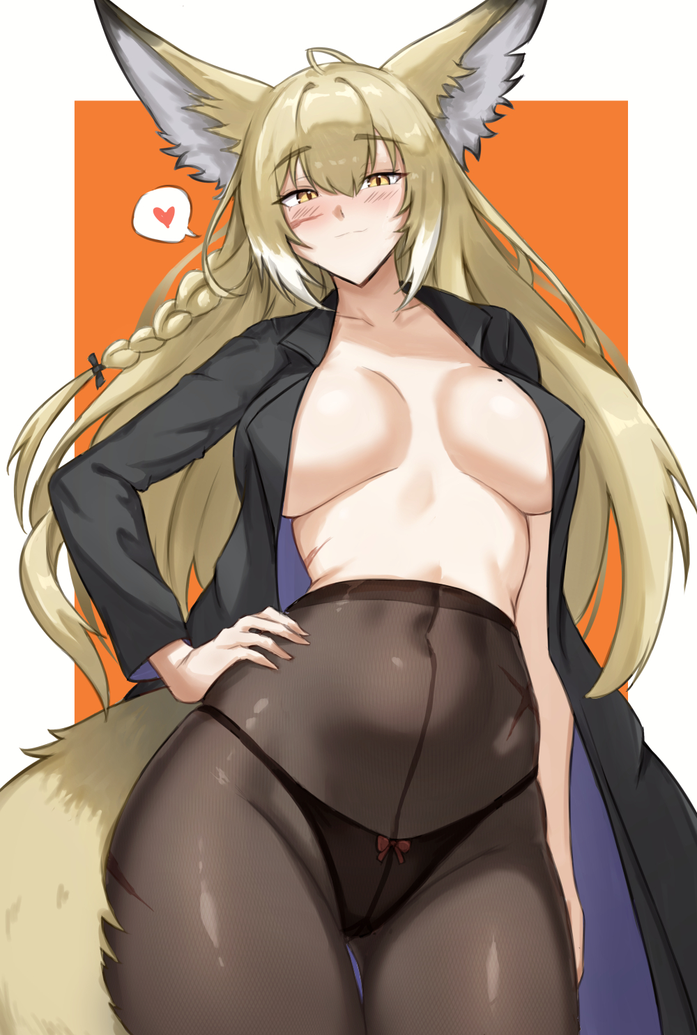 1girl animal_ear_fluff animal_ears arknights black_coat blush breasts brown_pantyhose closed_mouth coat commentary fangs_(fangs_art) hand_on_own_hip heart highres large_breasts long_hair looking_at_viewer mole mole_on_breast open_clothes open_coat pantyhose smile solo spoken_heart very_long_hair vulpisfoglia_(arknights) yellow_eyes