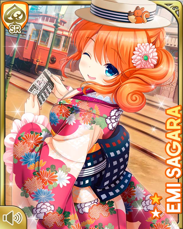 1girl ;d blue_eyes breasts card_(medium) character_name cosplay flower girlfriend_(kari) hair_flower hair_ornament hat japanese_clothes kimono large_breasts looking_at_viewer medium_hair official_art one_eye_closed open_mouth orange_hair outdoors pink_flower qp:flapper red_kimono sagara_emi sash smile standing tagme taishou_era two_side_up