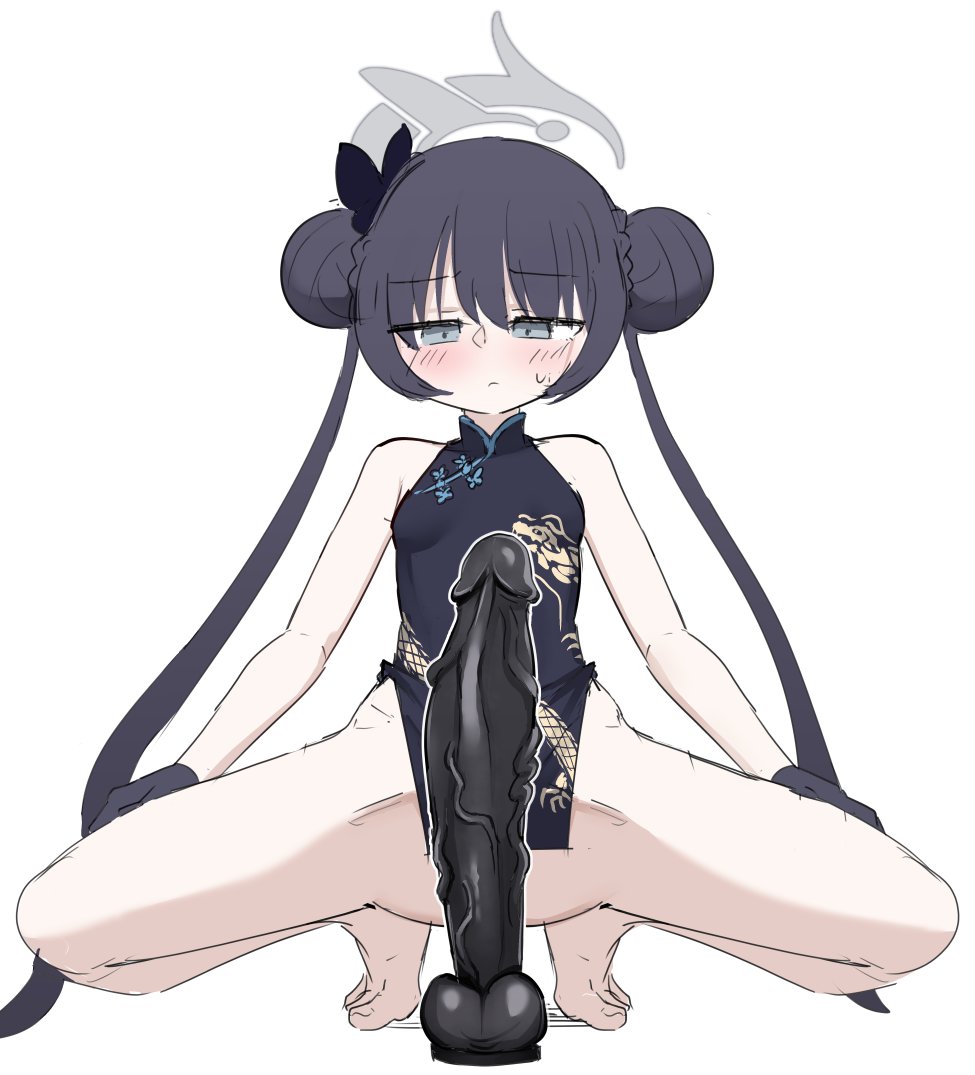 1girl apprehension black_dress black_gloves black_hair blue_archive blush butterfly_hair_ornament china_dress chinese_clothes dildo double_bun dress gloves grey_eyes grey_halo hair_between_eyes hair_bun hair_ornament halo huge_dildo imminent_masturbation imminent_penetration kisaki_(blue_archive) long_hair print_dress sex_toy side_slit simple_background spread_legs stonewill twintails very_long_hair white_background