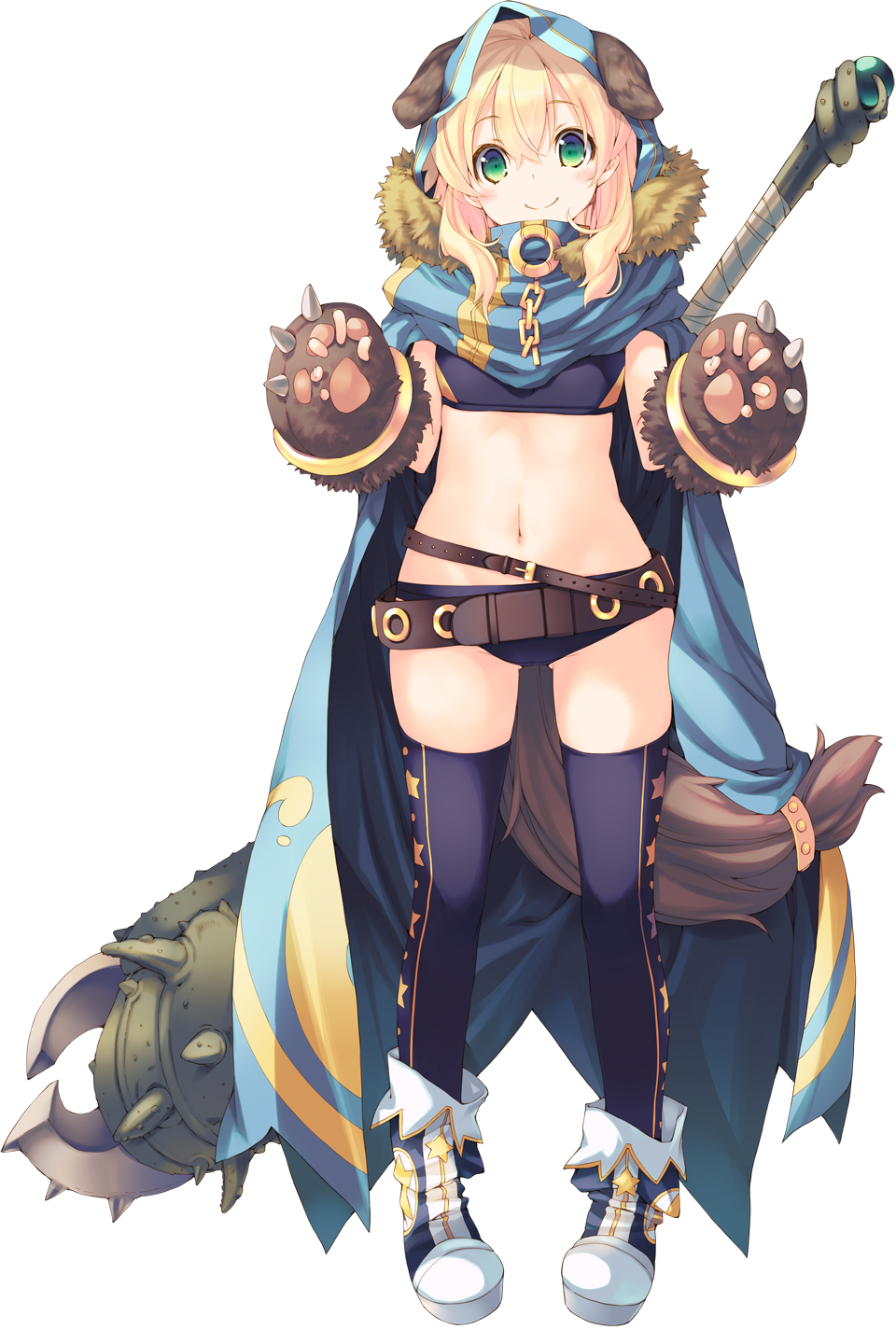 1girl animal_ears animal_hands aquaplus belt blonde_hair chain club_(weapon) dungeon_travelers_2 duplicate erthuricia_vitor_de_ritzhevin female_focus full_body fur_trim gloves green_eyes highres hood huge_weapon kokonoka official_art paw_gloves smile solo tail thighhighs transparent_background weapon
