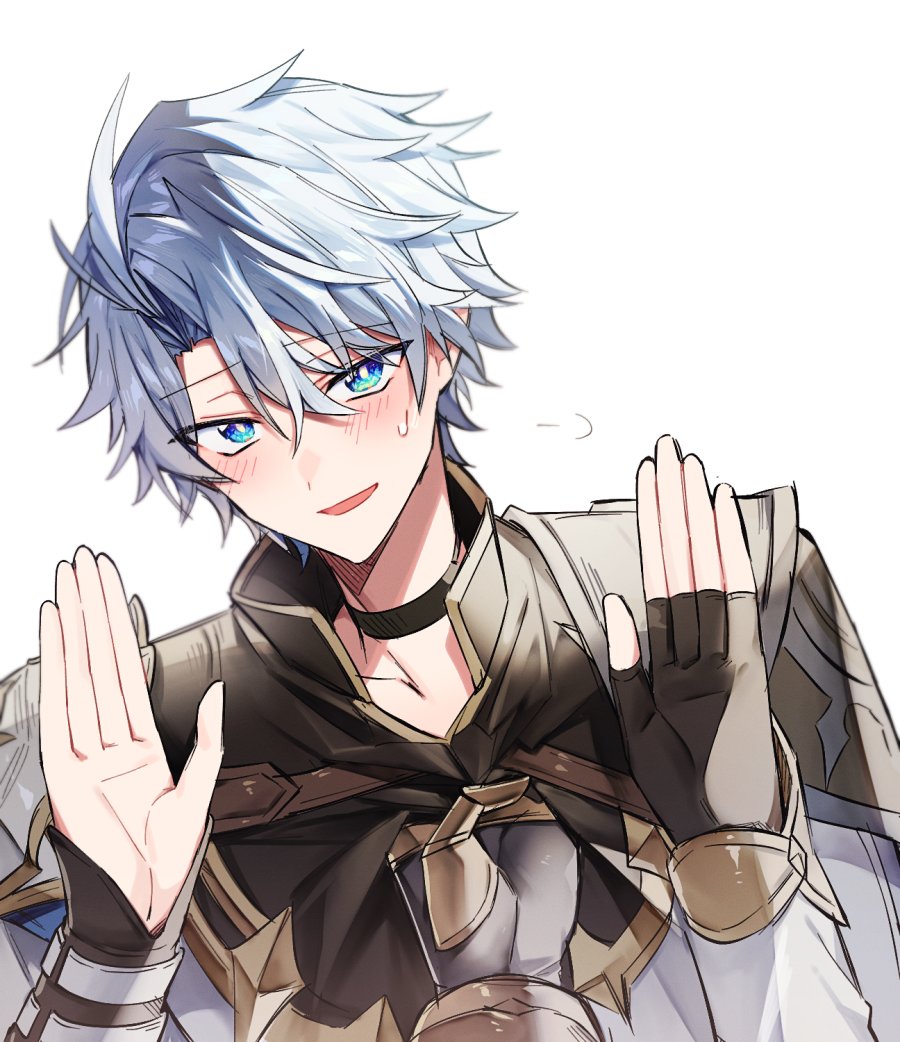 2boys antenna_hair armor armored_gloves bl_tarock black_choker black_gloves black_shirt blue_eyes blush choker clothes_grab coat collared_shirt fingerless_gloves gloves hair_between_eyes hands_up honkai:_star_rail honkai_(series) looking_at_viewer male_focus multiple_boys mydei_(honkai:_star_rail) pauldrons phainon_(honkai:_star_rail) puff_of_air shirt shirt_grab short_hair shoulder_armor simple_background single_glove single_pauldron solo surrendering sweatdrop vambraces white_background white_coat white_hair