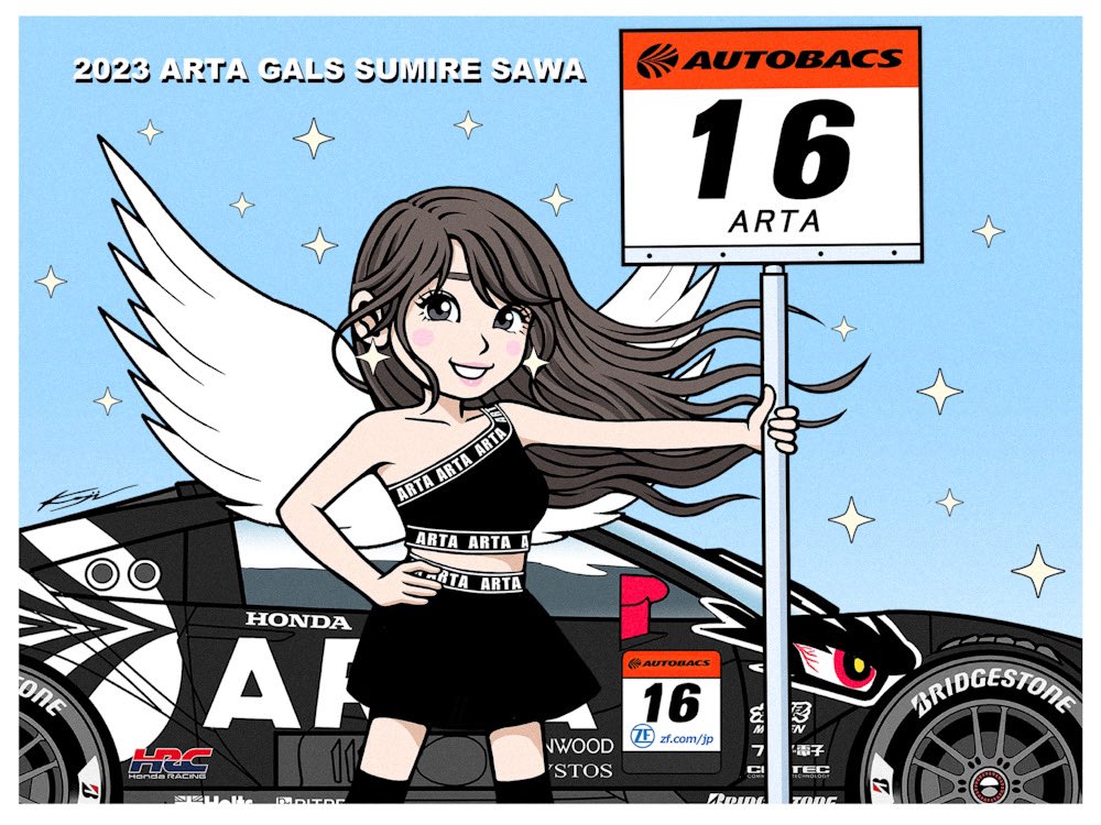 1girl 2023 autobacs_racing_team_aguri black_skirt black_thighhighs bridgestone car collarbone crop_top deformed floating_hair grey_eyes grey_hair hand_on_own_hip holding holding_sign honda honda_nsx kondo_koji_(kojikon) midriff_peek motor_vehicle race_queen race_vehicle racecar real_life sawa_sumire sign skirt smile solo sparkle sparkle_earrings sports_car super_gt thighhighs wings