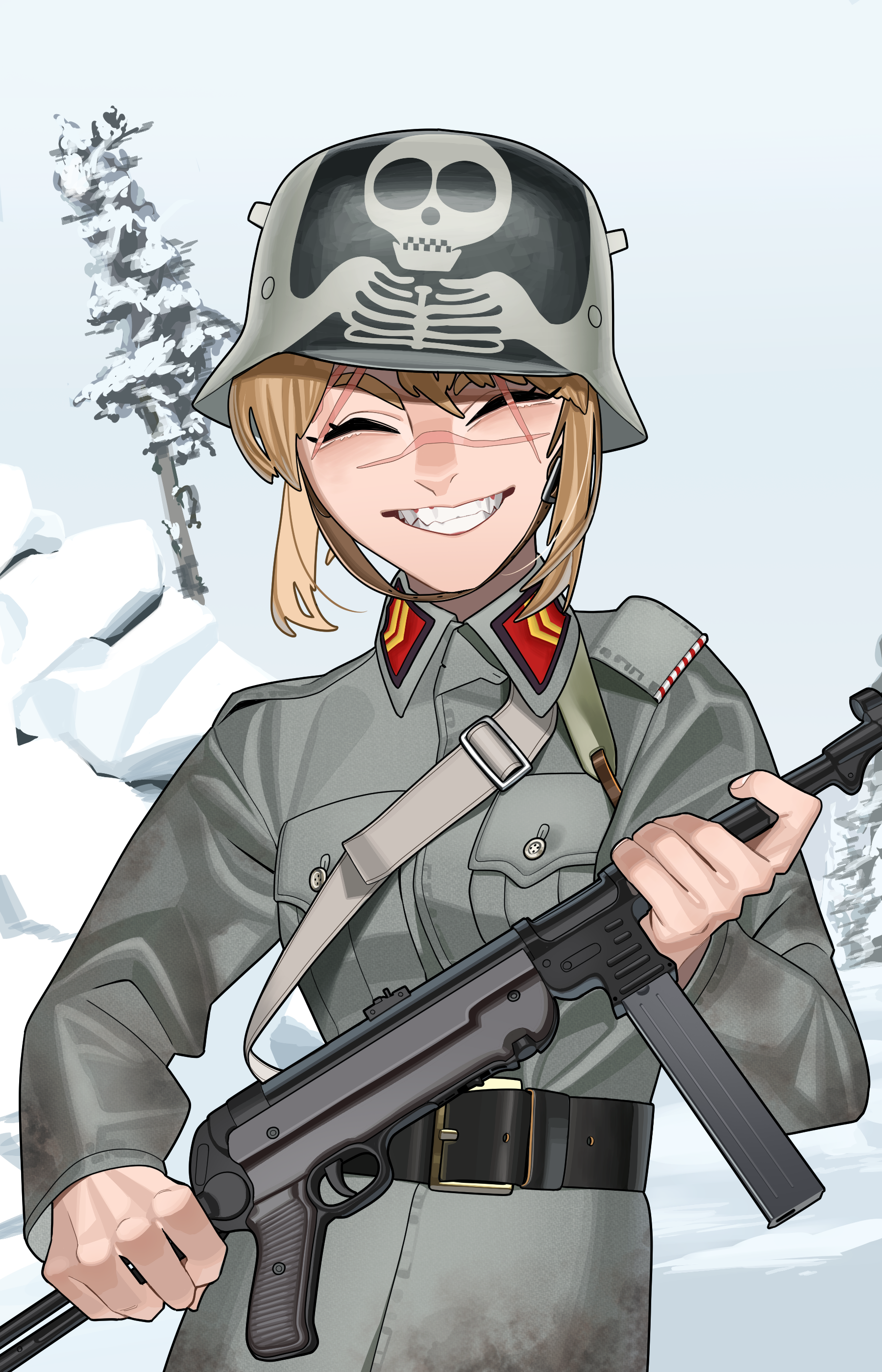 1girl absurdres belt black_belt blonde_hair chevron_(symbol) closed_eyes combat_helmet eyebrow_cut grey_sky gun hearts_of_iron helmet highres holding holding_gun holding_weapon kaiserreich military mp40 pzkpfwi scar scar_on_face scar_on_nose short_hair sky smile snow_on_tree solo submachine_gun tree weapon