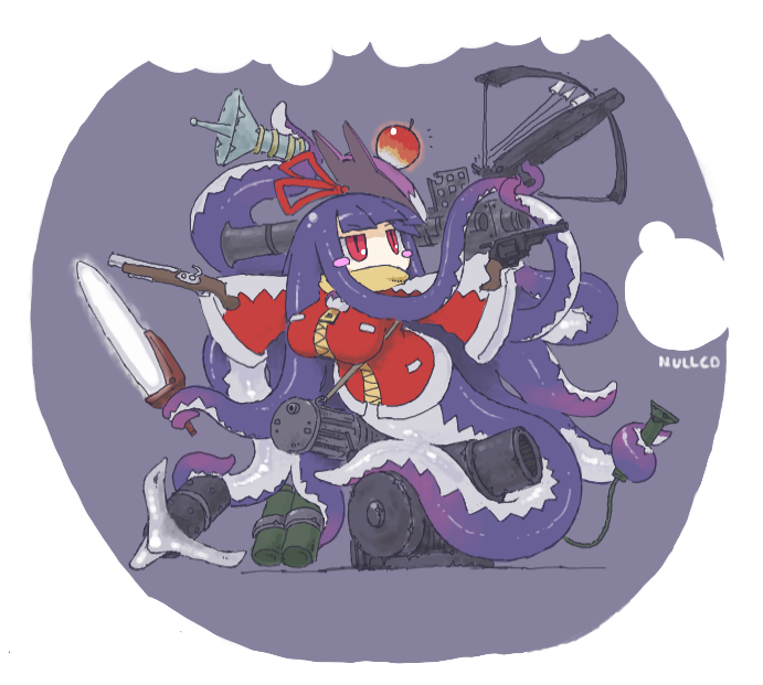 1girl antique_firearm apple arrow_(projectile) asimofu blunt_bangs blush_stickers border bow_(weapon) breasts cannon chainsword character_name commentary_request crossbow energy_gun fim-92_stinger firearm firelock flamethrower flintlock food fox_mask fruit full_body gameplay_mechanics gatling_gun glowing glowing_sword glowing_weapon gun hair_ribbon handgun harpoon harpoon_gun holding holding_chainsword holding_crossbow holding_gun holding_rocket_launcher holding_weapon jacket jitome large_breasts long_hair long_sleeves looking_to_the_side mask mask_on_head minigun mon-musu_quest! mon-musu_quest:_paradox monster_girl multicolored_jacket multiple_wielding notice_lines nuruko purple_background purple_hair ray_gun red_eyes red_jacket red_ribbon revolver ribbon rocket_launcher scarf scarf_over_mouth scylla simple_background sleeves_past_fingers sleeves_past_wrists slit_pupils solo tentacle_hair two-tone_jacket very_long_hair weapon white_border white_jacket wide_sleeves yellow_scarf zipper