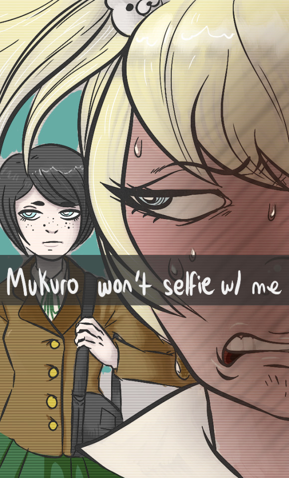 2girls alternate_costume anger bag bear_hair_ornament black_hair blonde_hair blue_background blue_eyes blush brown_coat brown_jacket close-up coat collared_shirt danganronpa:_trigger_happy_havoc danganronpa_(series) disgust english_text enoshima_junko freckles frown green_ribbon green_skirt hair_ornament ikusaba_mukuro jacket looking_at_another looking_at_viewer multiple_girls neck_ribbon nose over-the-shoulder pale_skin parted_bangs ribbon selfie shirt shoulder_bag siblings simple_background sisters skirt snapchat teeth twins twintails upper_body white_shirt