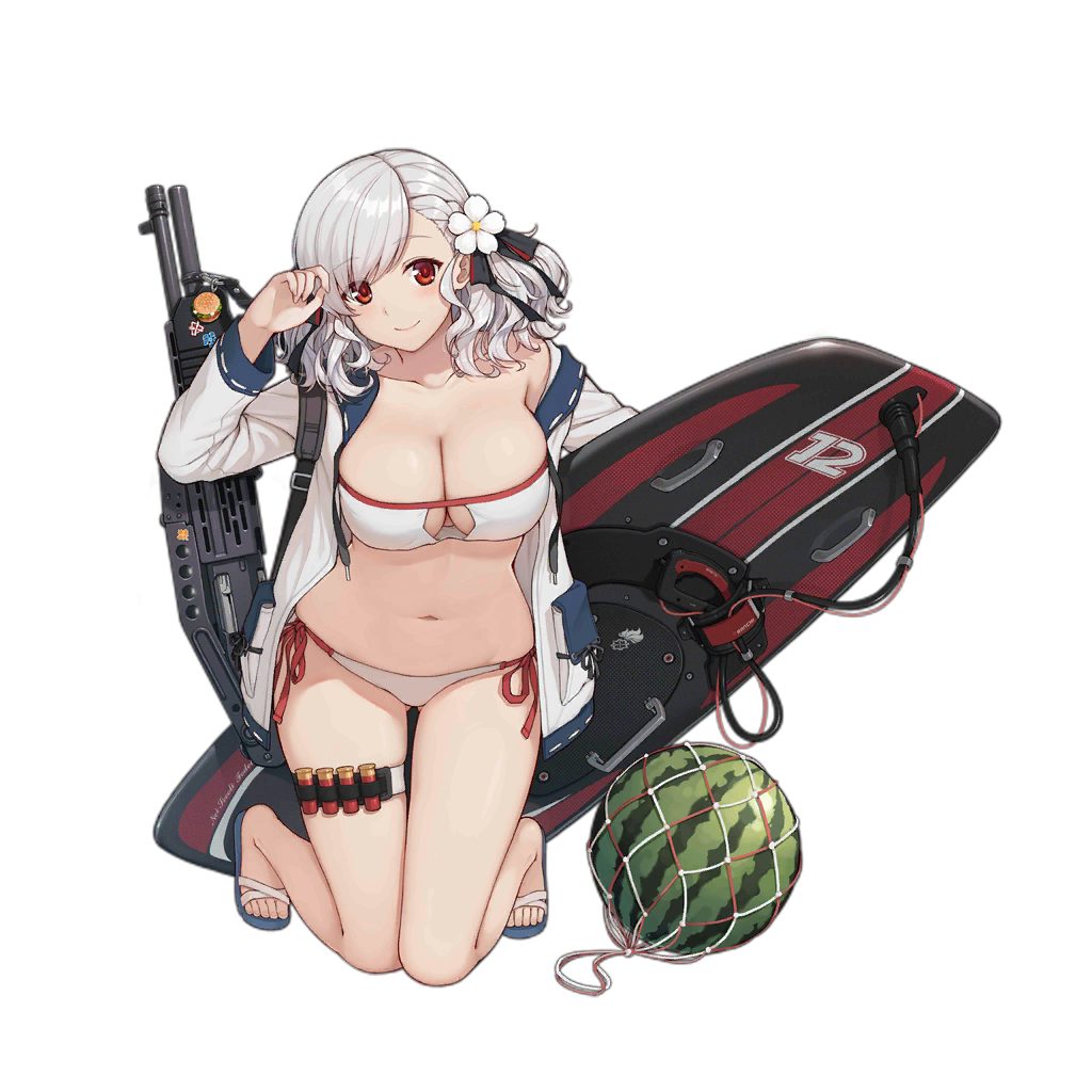 12-gauge 12-gauge_(2_3/4_inch_shell) 1girl ammunition ballistic_shield bare_shoulders bikini black_ribbon blue_sandals blush braid breasts charm_(object) cleavage collarbone dual-mode_shotgun female_focus flower food franchi fruit full_body girls&#039;_frontline gluteal_fold gun gun_sling hair_flower hair_ornament hair_ribbon hand_up head_tilt holding holding_surfboard jacket kneeling large_breasts long_hair long_sleeves looking_at_viewer navel official_alternate_costume official_art open_clothes open_jacket pump-action_shotgun pump_action red_eyes ribbon sandals semi-automatic_shotgun shield shotgun shotgun_shell shotgun_shell_holder side-tie_bikini_bottom silver_hair skindentation smile solo spas-12 spas-12_(girls&#039;_frontline) spas-12_(midsummer_fruit)_(girls&#039;_frontline) stomach strap surfboard swimsuit terras thigh_strap thighs transparent_background twintails two-tone_ribbon watermelon wavy_hair weapon