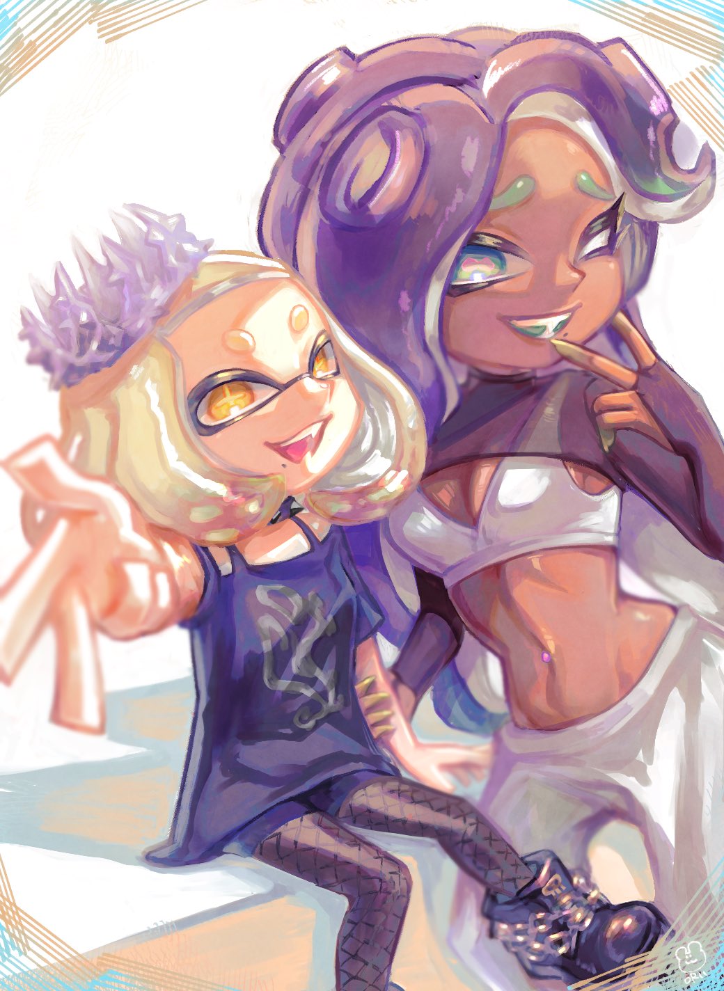 291nee 2girls aqua_hair black_footwear black_hair black_shirt boots breasts cephalopod_eyes colored_tips commentary_request crop_top crown dark-skinned_female dark_skin fishnet_pantyhose fishnets furrowed_brow highres inkling long_hair marina_(splatoon) marina_(springfest)_(splatoon) medium_breasts medium_hair mole mole_under_mouth multicolored_hair multiple_girls navel_piercing nintendo octoling one_eye_closed open_mouth pants pantyhose pearl_(splatoon) pearl_(springfest)_(splatoon) piercing pink_hair print_shirt red_pupils shirt smile splatoon_(series) splatoon_3 star-shaped_pupils star_(symbol) symbol-shaped_pupils teeth tentacle_hair thick_eyebrows two-tone_hair white_hair white_pants yellow_eyes yellow_pupils