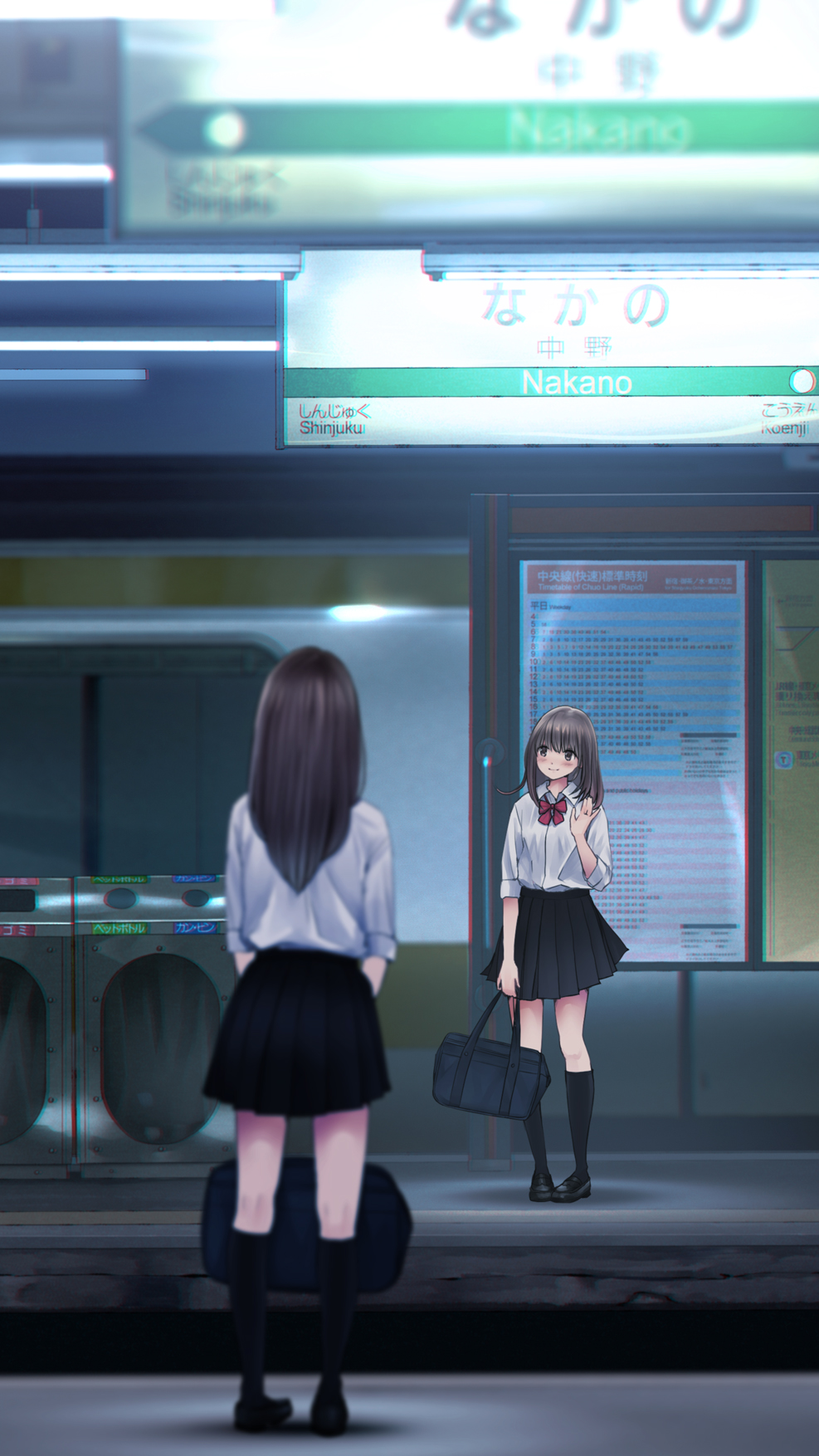2girls bad_id bad_pixiv_id bag black_skirt black_socks blush brown_eyes brown_hair chikuwa_(glossymmmk) chikuwa_(odennabe) highres kneehighs loafers long_hair multiple_girls original pleated_skirt red_ribbon ribbon school_bag school_uniform serafuku shirt shoes skirt sleeves_rolled_up smile socks standing train train_station waving white_shirt