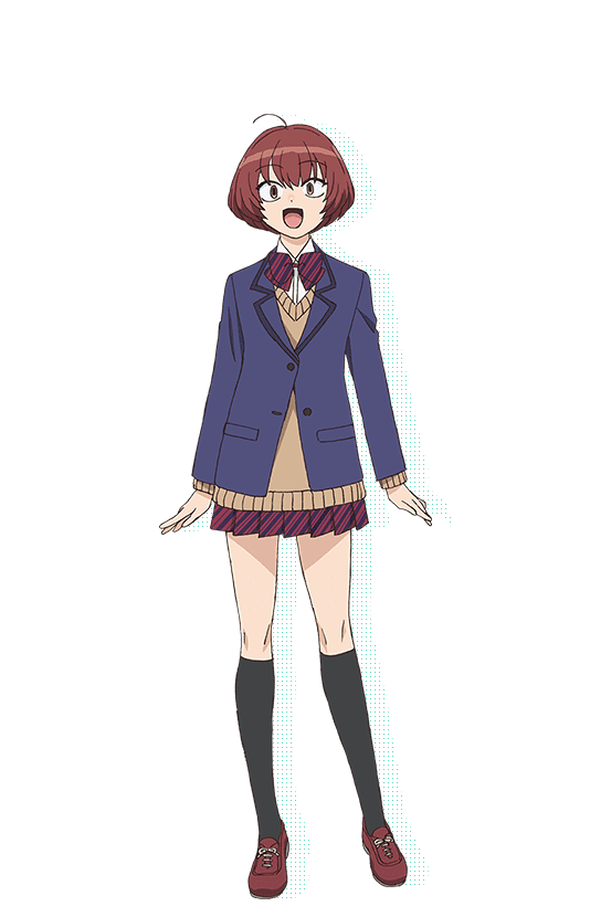 1girl :d ahoge black_socks blue_jacket bow bowtie brown_cardigan brown_eyes cardigan collared_shirt diagonal-striped_bow diagonal-striped_bowtie diagonal-striped_clothes diagonal-striped_skirt drop_shadow full_body itan_private_high_school_uniform jacket kneehighs komi-san_wa_komyushou_desu long_sleeves looking_at_viewer miniskirt nakajima_atsuko official_art onigashima_akako open_mouth red_bow red_bowtie red_eyes red_shoes red_skirt school_uniform shirt shoes short_hair skirt smile socks solo standing striped_clothes transparent_background white_shirt