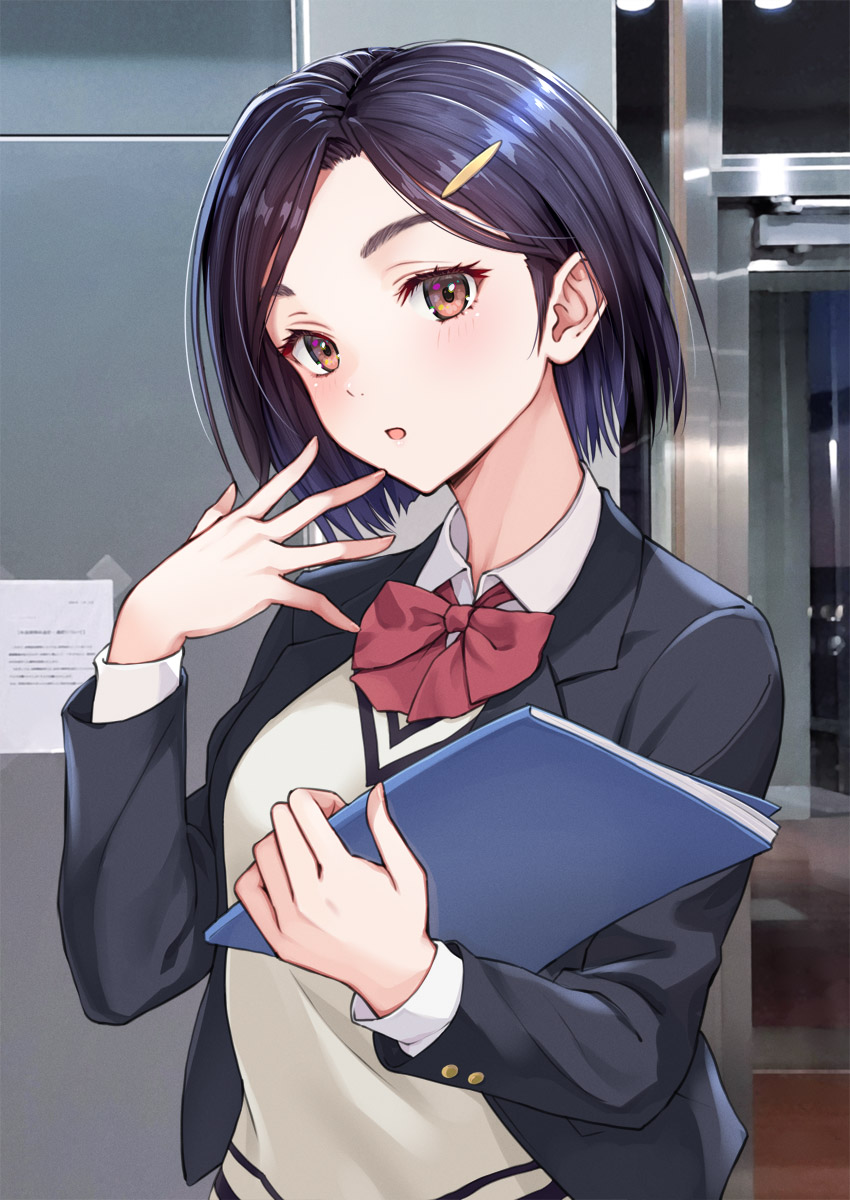 1girl black_hair black_jacket blazer book bow bowtie brown_eyes collared_shirt commentary_request hair_ornament hairclip highres holding holding_book indoors jacket kanden_sky long_sleeves looking_at_viewer open_clothes open_jacket original parted_lips red_bow red_bowtie shirt short_hair solo sweater_vest white_shirt yellow_sweater_vest