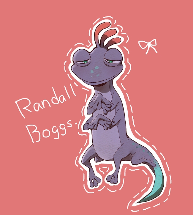 1boy ashunaro50 character_name colored_skin extra_legs full_body green_eyes lizard_tail male_focus monster monsters_inc. no_humans purple_skin randall_boggs reptile_boy sharp_teeth slit_pupils tail teeth