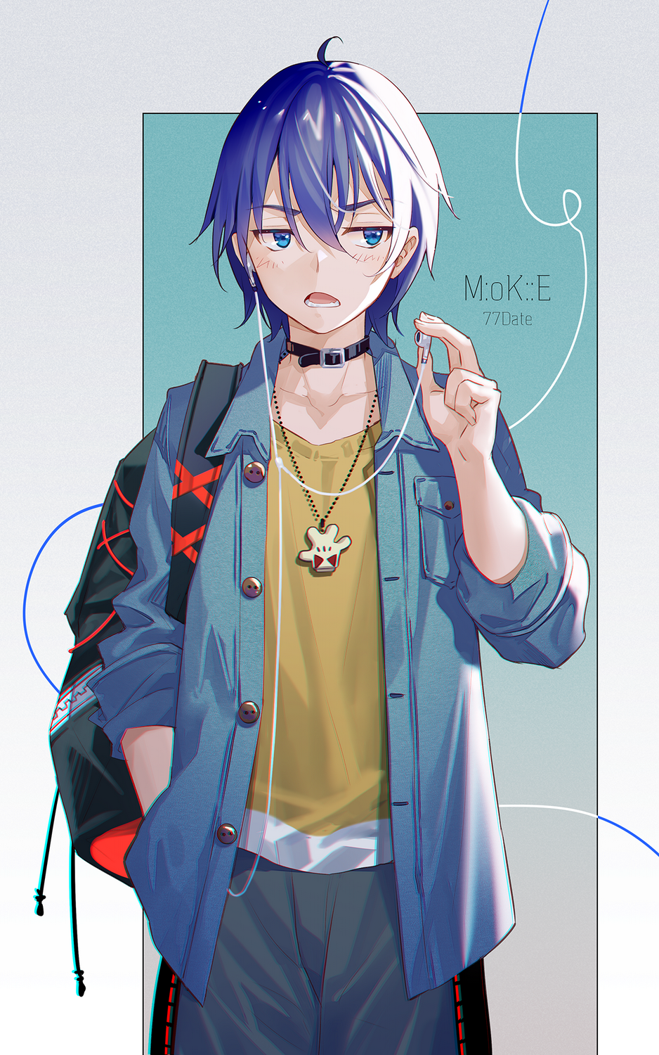 1boy ahoge annoyed backpack bag black_bag black_choker blue_eyes blue_hair blue_jacket breast_pocket character_name chinese_commentary choker chromatic_aberration commentary cowboy_shot earphones facing_viewer grey_background grey_pants hair_between_eyes hand_in_pocket highres holding holding_earphones jacket jewelry long_sleeves looking_to_the_side male_focus official_art open_clothes open_jacket open_mouth pants pendant pocket shirt short_hair single_earphone_removed solo straight-on tidsean v-shaped_eyebrows vocaloid vsinger_(vocaloid) yellow_shirt zhiyu_moke
