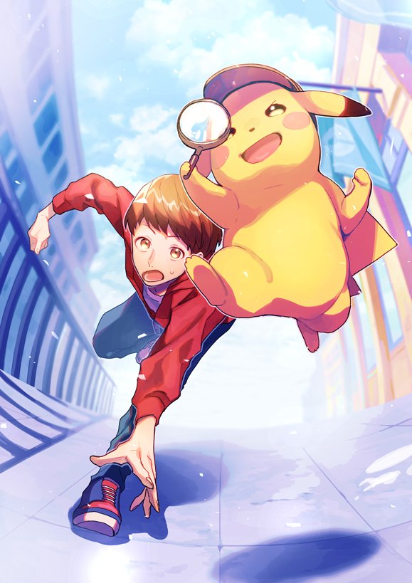 1boy :o blue_sky blush_stickers brown_eyes brown_hair clothed_pokemon cloud cloudy_sky day deerstalker denim detective_pikachu_(character) detective_pikachu_(game) detective_pikachu_(series) gen_1_pokemon hat jeans leg_up looking_at_another magnifying_glass male_focus momoiro_oji nintendo open_mouth pants pikachu pokemon pokemon_(creature) running shoes short_hair sky sneakers sweatdrop tim_goodman tripping