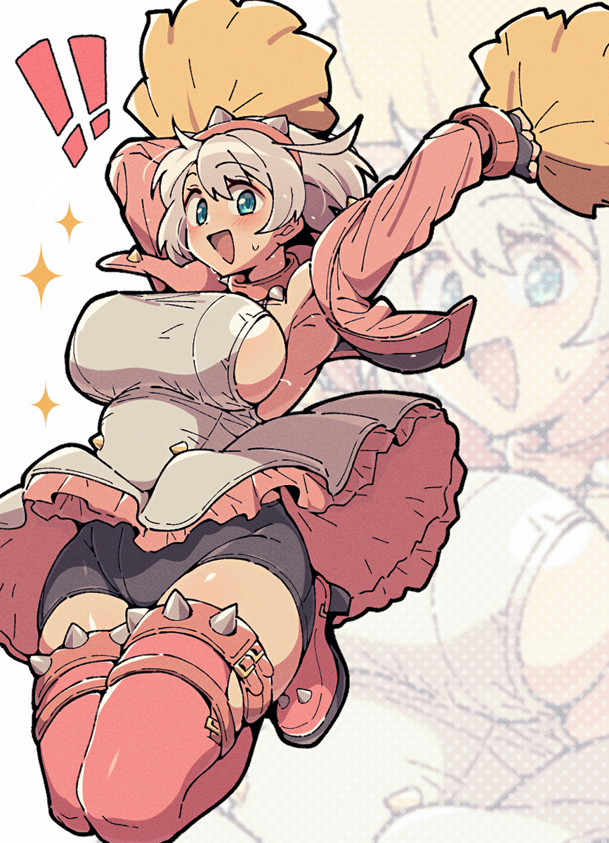 ! !! 1girl :d ahoge blue_eyes bob_cut bracelet breasts clothes_lift collar commentary_request dress elphelt_valentine fingerless_gloves frilled_dress frills gloves grey_hair guilty_gear guilty_gear_strive hairband happy highres itsuka_neru jacket jewelry jumping open_mouth pink_collar pink_hairband pink_jacket pom_pom_(cheerleading) shorts_under_dress sideboob smile spiked_collar spiked_hairband spiked_jacket spiked_legwear_garter spikes