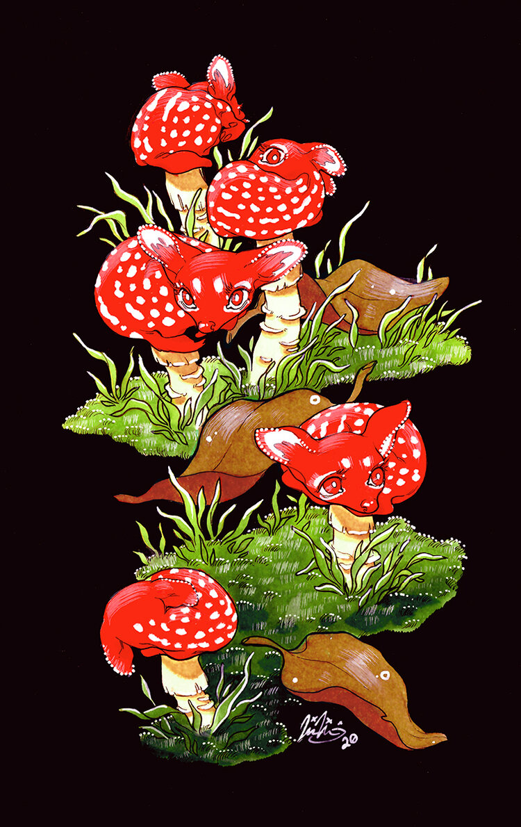 5others animal_focus black_background curled_up deer ears_back ears_up falling_leaves fawn fleebites fly_agaric grass leaf multiple_others mushroom no_humans original red_eyes red_fur simple_background surreal