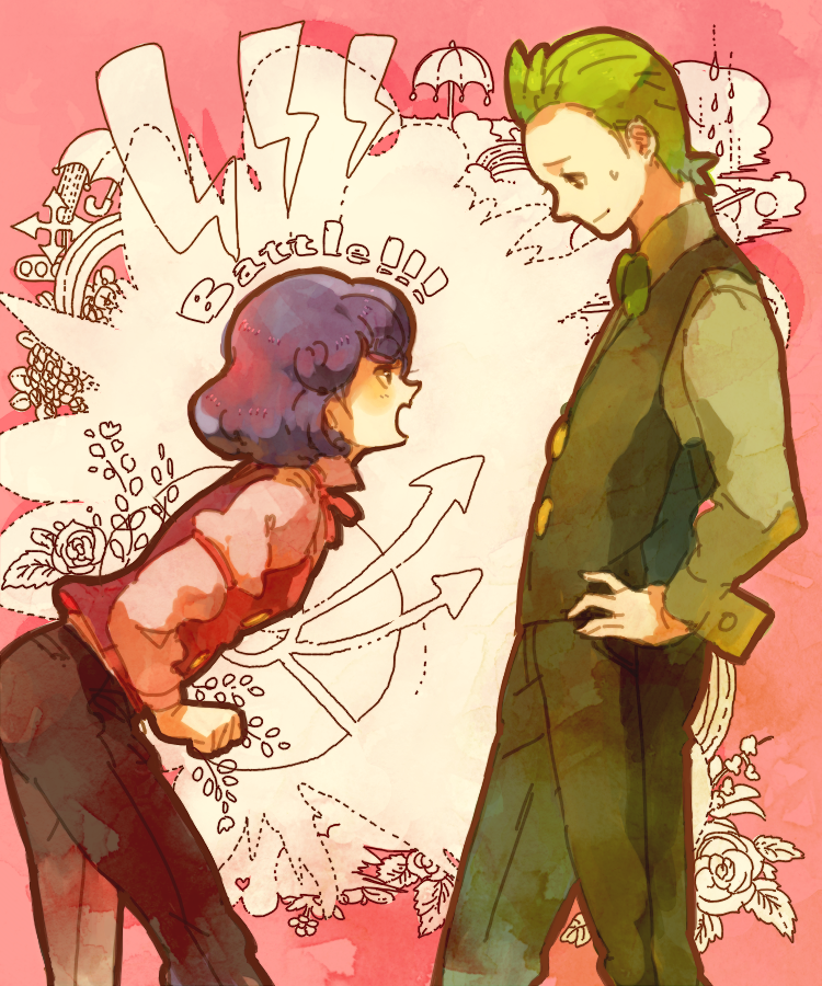 1boy 1girl black_pants bow bowtie burgundy_(pokemon) cilan_(pokemon) green_hair long_sleeves nagi_(giraf07) nintendo pants poke_ball_symbol pokemon pokemon_(anime) pokemon_bw pokemon_bw_(anime) purple_hair short_hair traditional_bowtie