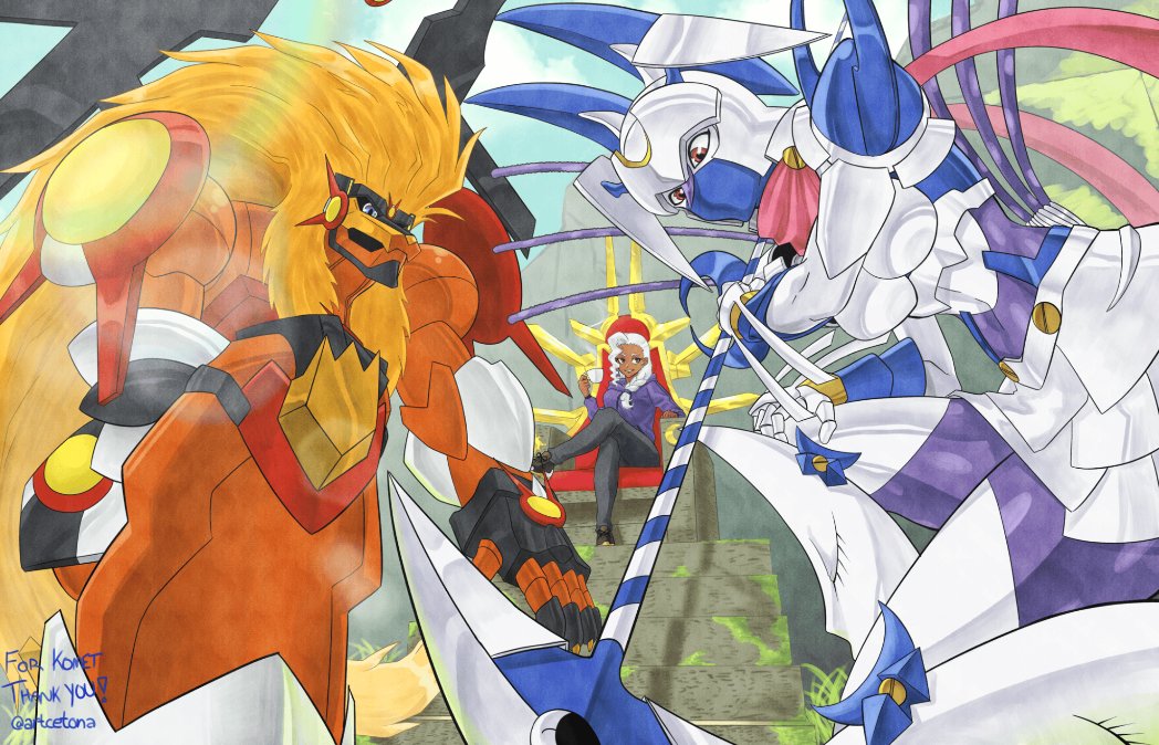 alternate_height apollomon dianamon digimon digimon_(creature) gracenovamon hair_between_eyes lion_boy looking_at_viewer mecha robot scar scar_on_face thick_thighs thighs