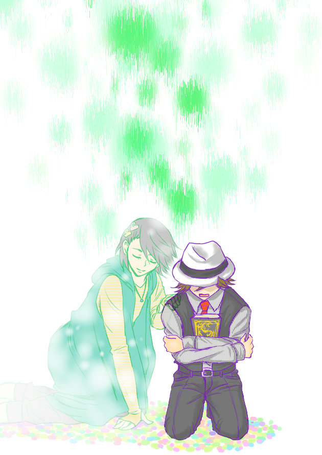 2boys artist_request book dissolving hidari_shoutarou kamen_rider kamen_rider_w multiple_boys philip philip_(kamen_rider) spoilers