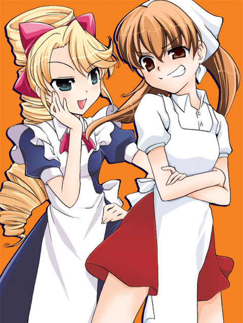 00s 2girls apron kannazuki_megumi maid mizushima_aru multiple_girls muteki_kanban_musume onimaru_miki