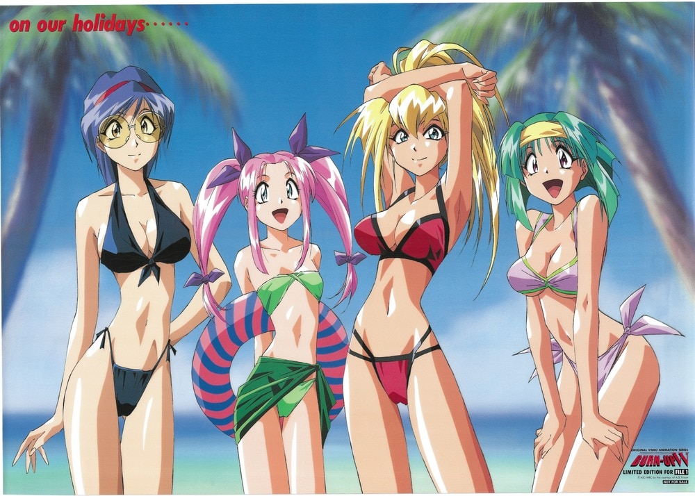 1990s_(style) 4girls armpits arms_up beach bikini bikini_top_only black_bikini breasts burn-up burn-up_w cleavage glasses innertube jinguu_maya kawazaki_maki kinezono_rio lilica_evett multiple_girls navel palm_tree retro_artstyle swim_ring swimsuit tree yamashita_toshinari