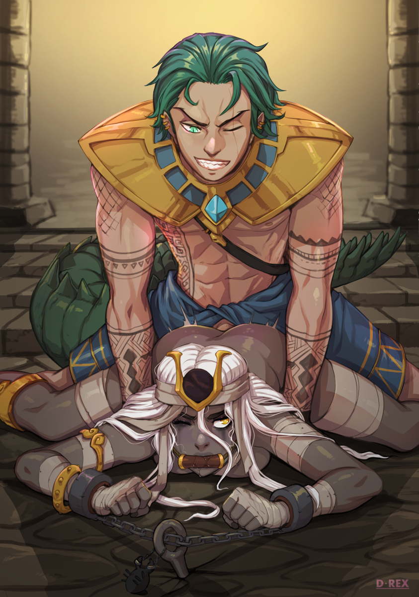 1boy 1girl abs bandaged_arm bandaged_leg bandages bit_gag bound bound_wrists bug clenched_teeth crocodile_boy crocodilian_tail d-rex dark-skinned_female dark_skin gag gem green_hair grin highres iset_(d-rex) long_hair one_eye_closed original pharao_(chitkix) prone_bone rape sex sex_from_behind shiny_skin short_hair smile stairs tail teeth white_hair yellow_eyes
