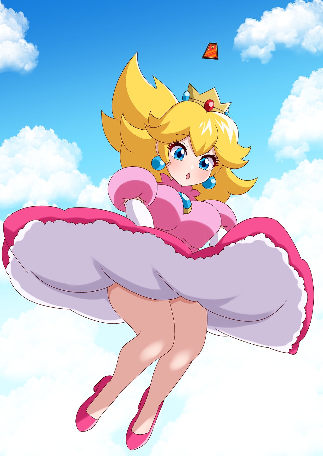 1girl bare_legs blonde_hair blue_brooch blue_sky blush breasts clothes_lift cloud cloudy_sky crown don_(748826) double-parted_bangs dress dress_lift earrings elbow_gloves gloves high_heels highres jewelry large_breasts long_hair mario_(series) nintendo pink_dress pink_shoes princess princess_peach puffy_short_sleeves puffy_sleeves shoes short_sleeves sky solo sphere_earrings super_mario_bros._2 upskirt white_gloves