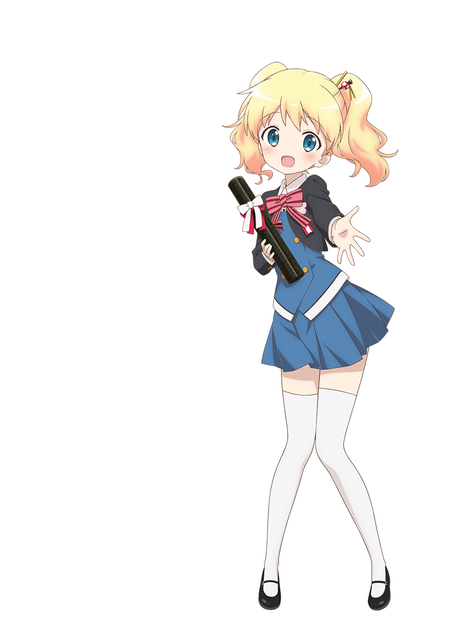 1girl :d alice_cartelet black_jacket black_shoes blonde_hair blue_eyes blue_skirt blue_vest bow bowtie buttons collared_shirt diploma diploma_tube double-breasted full_body hair_ornament highres holding holding_diploma jacket kin-iro_mosaic long_sleeves looking_at_viewer miniskirt moegi_high_school_uniform official_art open_clothes open_jacket open_mouth outstretched_arm pink_bow pink_bowtie pleated_skirt reaching school_uniform shirt shoes short_hair simple_background skirt smile solo standing striped_bow striped_bowtie striped_clothes tachi-e thighhighs transparent_background twintails ueta_kazuyuki vest white_bow white_shirt white_thighhighs winter_uniform