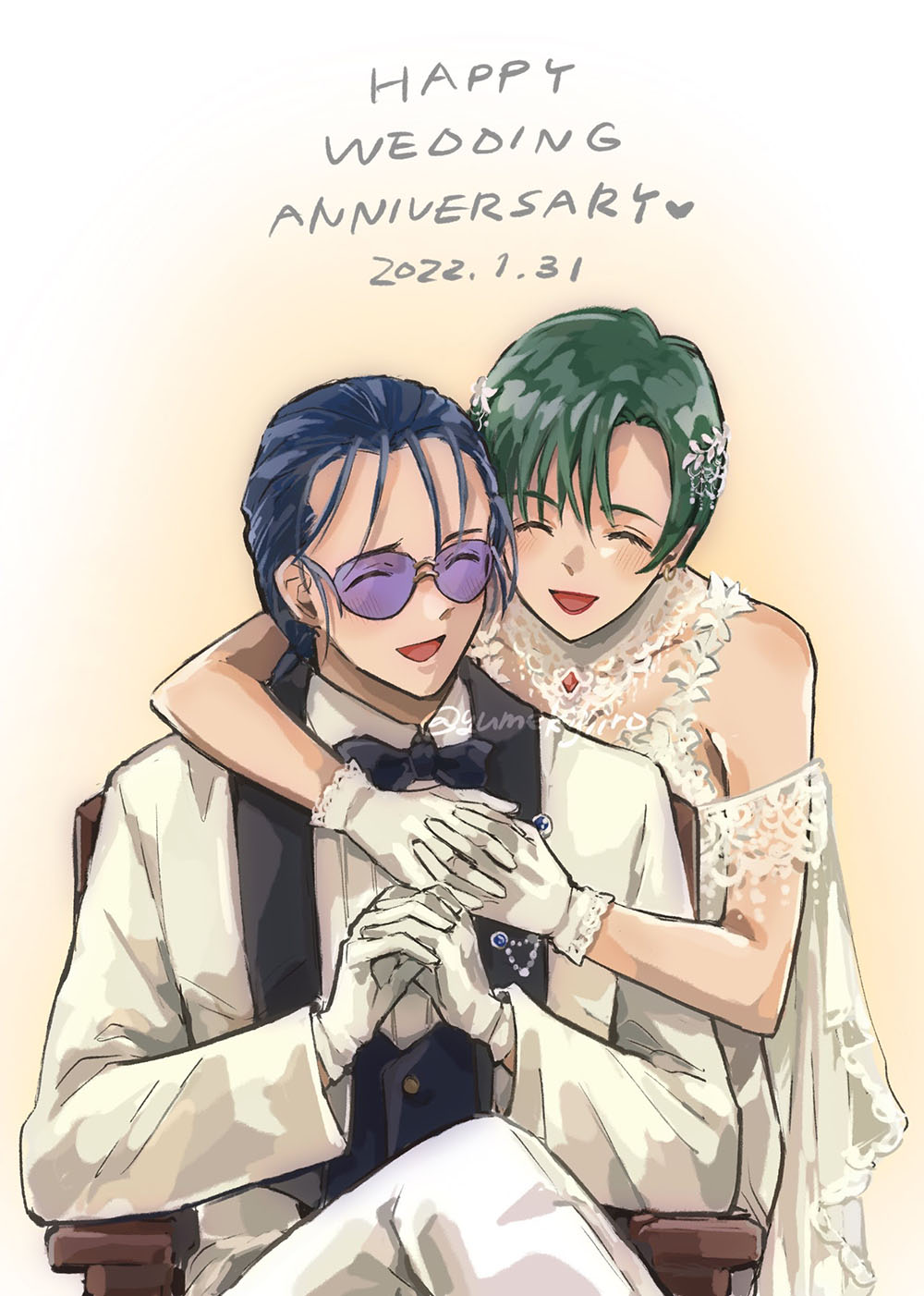 1boy 1girl 2022 :d ^_^ arm_around_neck black_bow black_bowtie blue_hair bow bowtie closed_eyes collared_shirt couple dated dress gem gloves green_hair hetero highres hug hug_from_behind interlocked_fingers jacket long_sleeves macross macross_7 maximilian_jenius millia_jenius off-shoulder_dress off_shoulder open_clothes open_jacket open_mouth own_hands_clasped own_hands_together pants purple-tinted_eyewear red_gemstone red_lips shirt short_hair smile sunglasses tinted_eyewear white_background white_dress white_gloves white_jacket white_pants white_shirt wing_collar yumekijiiro