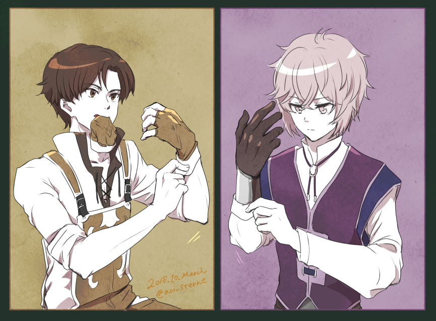 2boys aoi_(xxxaoi) artist_name blouse brown_background brown_eyes brown_hair collared_shirt dated fingerless_gloves fire_emblem fire_emblem_echoes:_shadows_of_valentia frown gloves grey_eyes grey_hair hair_between_eyes kliff_(fire_emblem) male_focus multiple_boys nintendo open_mouth overalls parted_bangs purple_background putting_on_gloves shirt sleeves_rolled_up teeth tobin_(fire_emblem) unworn_gloves white_shirt