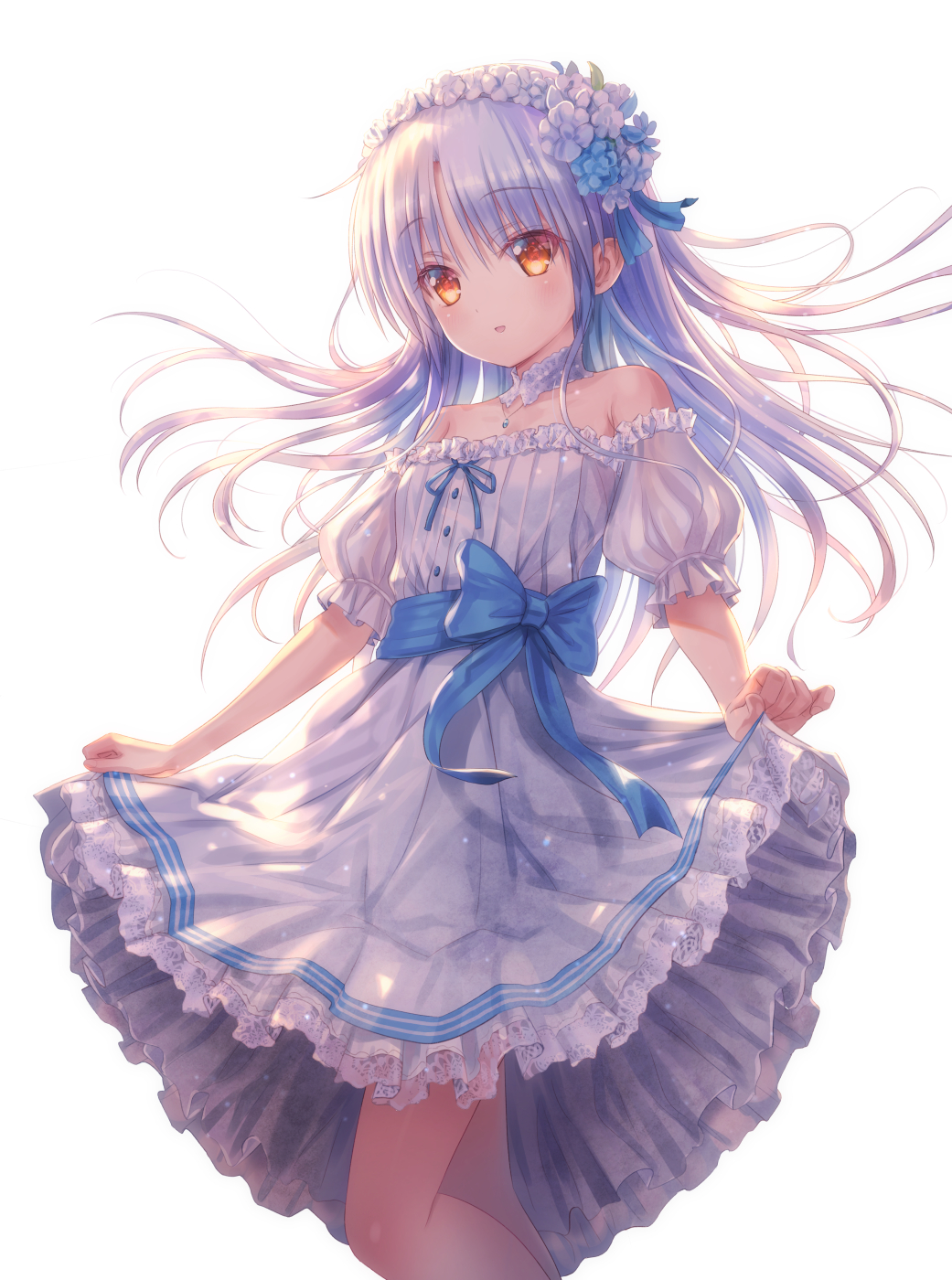 1girl alternate_costume angel_beats! armpit_crease backlighting bare_shoulders black_ribbon blue_bow blue_flower blush bow comiket_103 commentary_request detached_collar dress eyes_visible_through_hair feet_out_of_frame floating_hair flower flower_wreath frilled_dress frills goto_p grey_hair hair_between_eyes hair_flower hair_ornament hairband head_wreath highres jewelry long_hair looking_at_viewer necklace off-shoulder_dress off_shoulder open_mouth puffy_short_sleeves puffy_sleeves ribbon short_sleeves simple_background skirt_hold smile solo standing tenshi_(angel_beats!) white_background white_dress white_flower white_hairband yellow_eyes