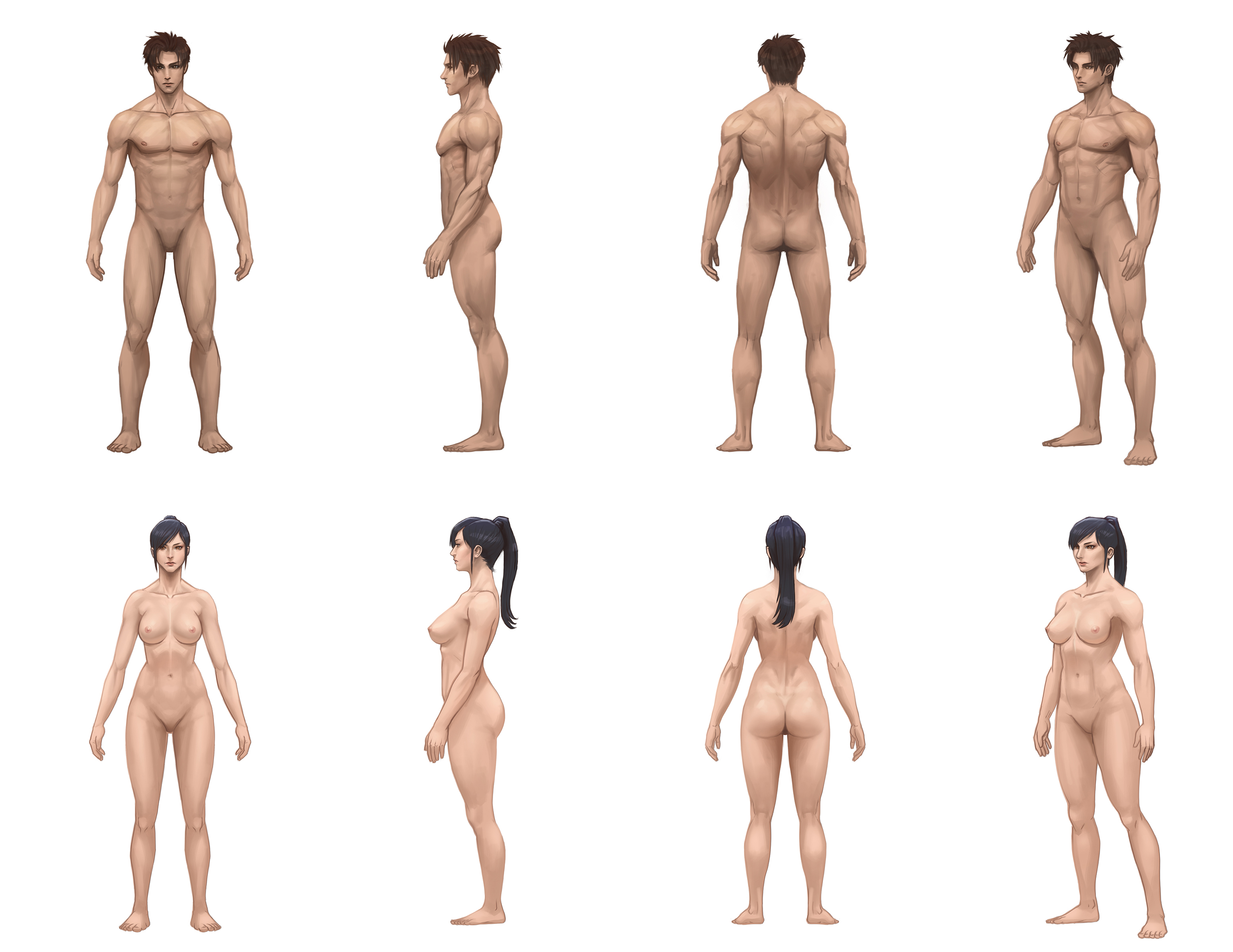 1boy 1girl abs absurdres ass black_hair breasts brown_eyes brown_hair collarbone completely_nude high_ponytail highres medium_breasts multiple_views muscular navel nipples no_penis no_pussy nude original ponytail sam_delatore turnaround