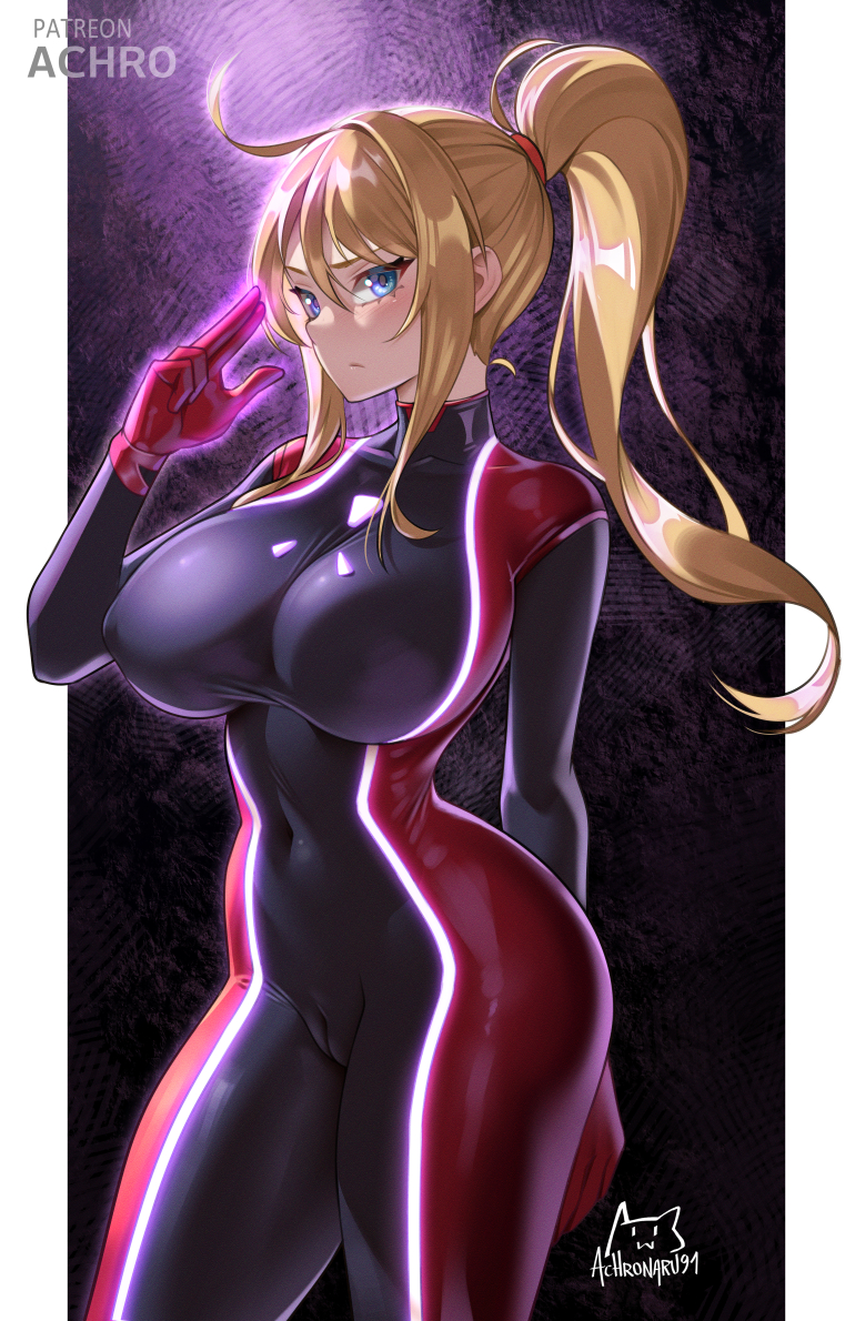 1girl achromaru adapted_costume arm_behind_back artist_logo black_bodysuit blonde_hair blue_eyes bodysuit breasts cameltoe closed_mouth commentary covered_navel cowboy_shot curvy english_commentary high_ponytail large_breasts logo metroid metroid_prime_4:_beyond nintendo ponytail power_suit_(metroid) samus_aran skin_tight solo v-shaped_eyebrows