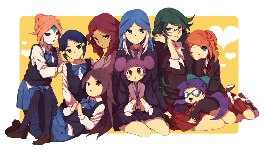 6+girls barazono_han blue_eyes blue_hair green_hair hair_ornament hasuike_an inazuma_eleven inazuma_eleven_(series) kii_fumiko kui_ruru kurakake_clara kurione_yuki long_hair multiple_girls nitou_honoka pantyhose purple_hair red_hair school_uniform short_hair skirt touchi_ai urubida yui_ko