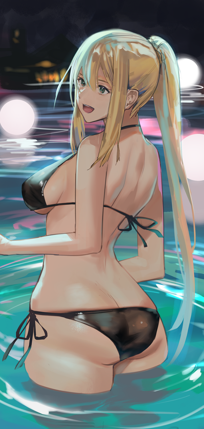 1girl :d ass bikini black_bikini blonde_hair blue_eyes blurry blurry_background breasts butt_crack darkness_(konosuba) from_behind hair_between_eyes halterneck highres j@ck kono_subarashii_sekai_ni_shukufuku_wo! large_breasts long_hair open_mouth ponytail side-tie_bikini_bottom sideboob smile solo string_bikini swimsuit wading