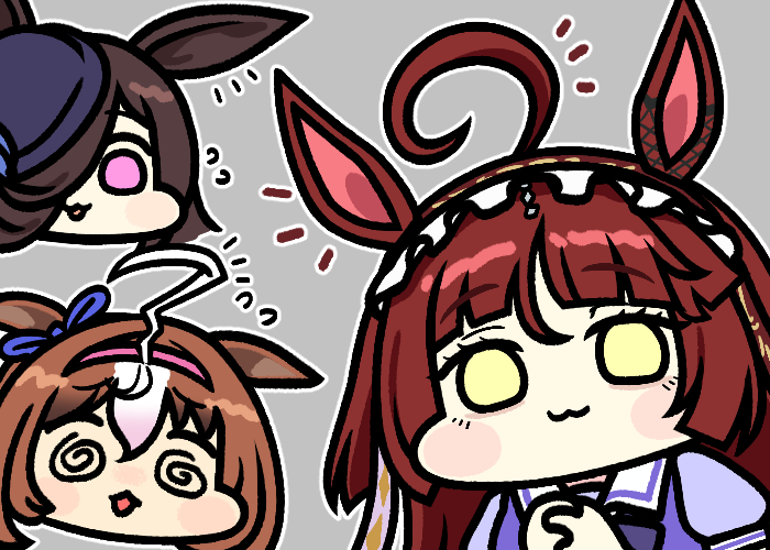 3girls @_@ ahoge animal_ears blunt_bangs blush blush_stickers bow commentary ear_ornament ear_ribbon ears_down frilled_hairband frills grey_background hair_over_one_eye hairband hat horse_ears horse_girl huge_ahoge jazz_jack looking_at_viewer meisho_doto_(umamusume) multiple_girls outline own_hands_clasped own_hands_together pink_hairband puffy_short_sleeves puffy_sleeves purple_eyes purple_hat red_desire_(umamusume) red_hair red_hairband rice_shower_(umamusume) ringed_eyes sailor_collar school_uniform short_sleeves solid_eyes swept_bangs tilted_headwear tracen_school_uniform trait_connection umamusume white_sailor_collar wide_face yellow_eyes