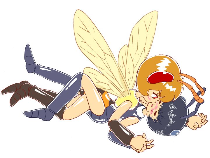 2girls ant ant_girl antennae arthropod_girl bee bee_girl black_hair brown_hair bug food fruit hornet_girl insect insect_girl melon monster_girl multiple_girls pukao short_hair wasp wasp_girl wings yuri