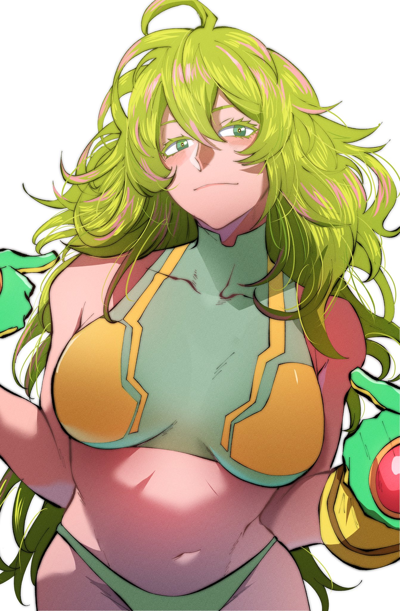 1girl aged_up bikini blush boku_no_hero_academia breasts collarbone deku's_photo_of_hagakure_toru gloves green_eyes green_gloves green_hair hagakure_toru highres large_breasts long_hair looking_at_viewer messy_hair naughty_face navel official_alternate_costume pointing pointing_at_self seductive_gaze seductive_smile skin_tight smile solo swimsuit thatamaan tight_clothes