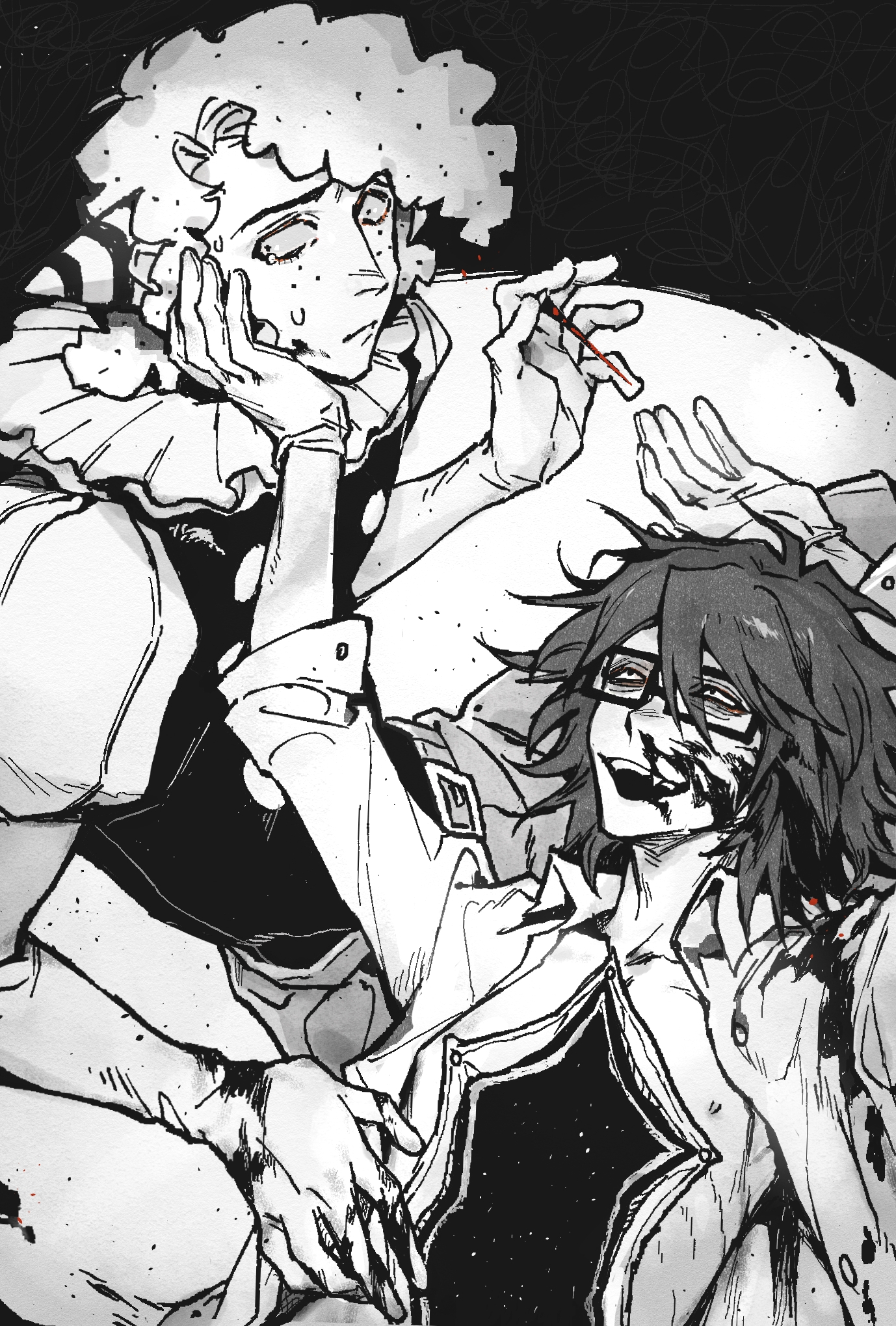 2boys arm_up blood blood_on_face blood_on_hands chinese_commentary clown commentary_request fang freckles glasses gloves heizuo955 highres holding holding_nail juliet_sleeves long_sleeves male_focus multiple_boys nail_(hardware) puffy_sleeves randal's_friends randal_ivory sebastian_de_tomato_smith_chicken_legs shirt short_hair spot_color tearing_up vivisection