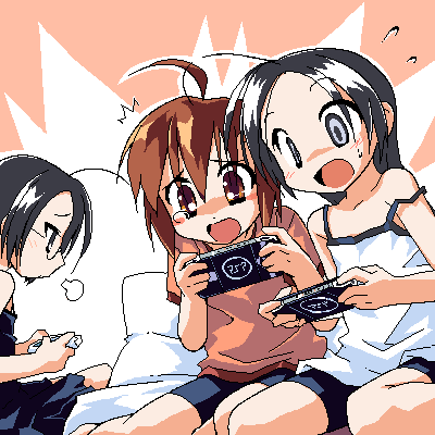 3girls ahoge bike_shorts bike_shorts_girl_(tomoshibi_hidekazu) black_hair borrowed_character brown_hair glasses handheld_game_console lowres mof multiple_girls oekaki original playing_games playstation_portable redrantem siblings sigh sisters tears tomoshibi_hidekazu video_game
