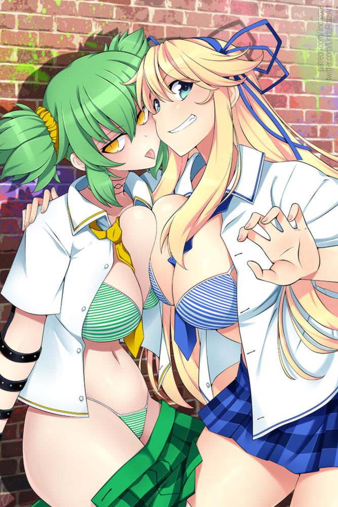 2girls :d against_wall amesuku_gyaru asymmetrical_docking between_breasts blue_bra blue_necktie blue_ribbon blue_skirt bra breast_press breasts brick_wall collared_shirt detached_collar dot_nose green_bra green_eyes green_hair green_panties green_skirt gyaru hair_between_eyes hair_ornament hair_ribbon hair_scrunchie hand_on_another&#039;s_shoulder hikage_(senran_kagura) katsuragi_(senran_kagura) kogal large_breasts lindaroze long_hair looking_at_viewer medium_hair multicolored_bra multicolored_panties multiple_girls nail_(hardware) navel neck_tattoo necktie necktie_between_breasts open_clothes open_mouth open_shirt panties plaid_clothes plaid_skirt pleated_skirt ribbon scrunchie senran_kagura shirt short_sleeves skirt slit_pupils smile striped_bra striped_clothes striped_panties tattoo thighs tongue tongue_out two-tone_bra two-tone_panties two_side_up unbuttoned unbuttoned_shirt underwear unworn_skirt very_long_hair white_bra white_panties white_shirt yellow_eyes yellow_necktie yellow_scrunchie yuri