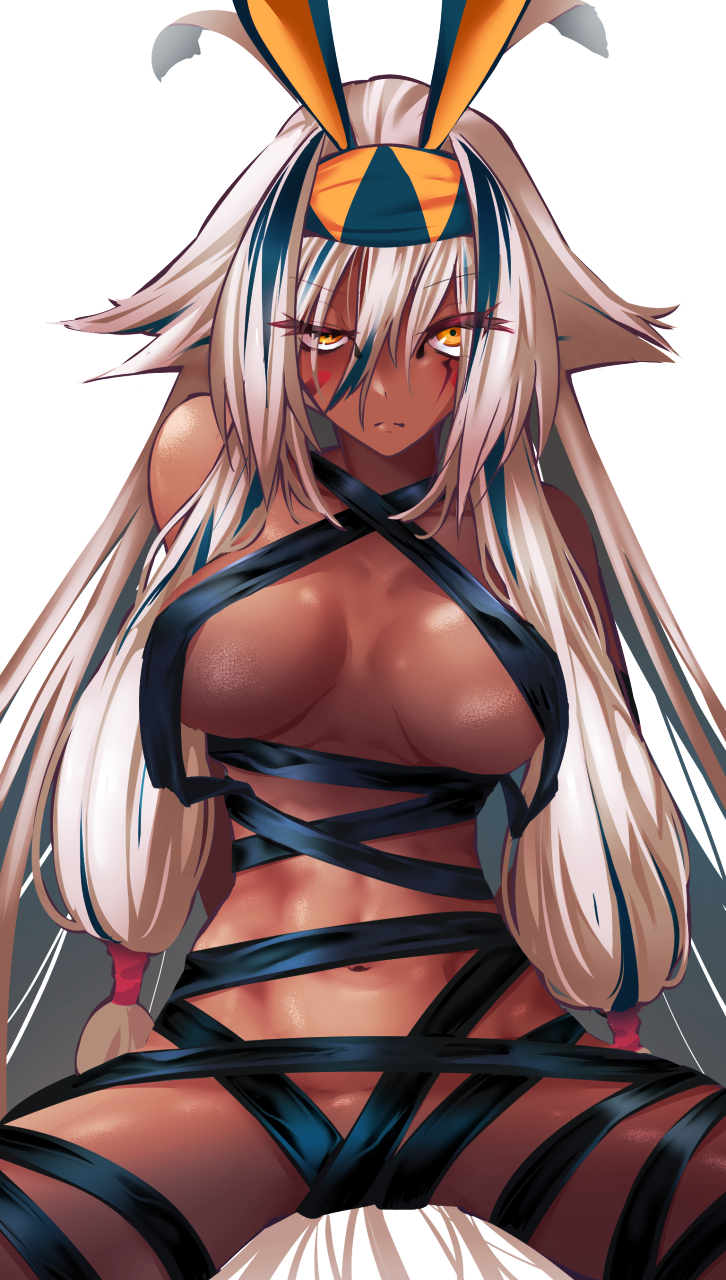 1girl animal_ears antenna_hair bandages black_bandages black_hair breasts collarbone colored_inner_hair dark-skinned_female dark_skin facepaint facial_mark fate/grand_order fate_(series) hairband highres jackal_ears long_hair looking_at_viewer medium_breasts multicolored_hair naked_bandage navel nitocris_(fate) nitocris_alter_(fate) sidelocks sitting solo streaked_hair thighs very_long_hair white_hair yakuoyoso yellow_eyes