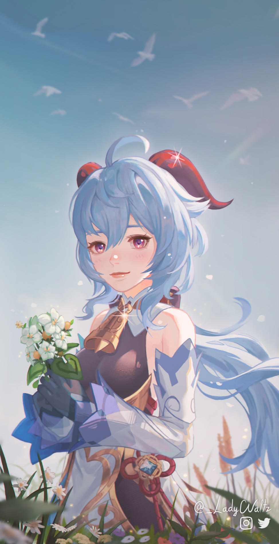 1girl ahoge bell bird black_bodysuit black_gloves blue_hair blue_sky blurry bodysuit commentary depth_of_field detached_sleeves english_commentary field flower flower_field ganyu_(genshin_impact) genshin_impact gloves hair_between_eyes highres holding holding_flower horns ladywaltz long_hair long_sleeves looking_at_viewer neck_bell purple_eyes sidelocks sky smile vision_(genshin_impact) wide_sleeves wind