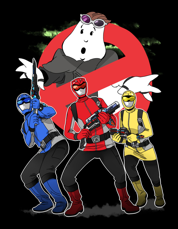 1girl 2boys bad_id bad_pixiv_id blue_buster enter_(go-busters) ghostbusters gun multiple_boys parody red_buster super_sentai sword tokumei_sentai_go-busters weapon yellow_buster yukataro