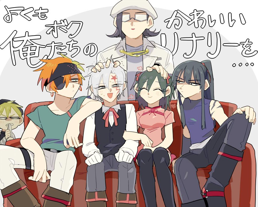 1girl 5boys allen_walker angry annoyed arm_on_another&#039;s_shoulder badge bak_chang bare_shoulders belt black_footwear black_hair black_hat black_headband black_thighhighs black_vest blonde_hair blue_shirt blush boots brown_footwear closed_eyes closed_mouth coat collared_shirt couch d.gray-man dress earrings eyepatch facial_mark glasses gloves green_hair green_shirt grey_eyes grey_pants grey_shirt hair_ribbon hand_on_another&#039;s_head hand_on_own_knee hat headband high_ponytail holding_another&#039;s_arm jewelry kanda_yuu komui_lee lavi lenalee_lee long_hair looking_ahead looking_at_another medium_hair multiple_boys nervous on_couch one_eye_covered open_mouth orange_hair pants pink_dress ponytail red_ribbon ribbon shirt short_sleeves sidelocks sleeveless sleeveless_shirt smile star_(symbol) star_facial_mark sweat t-shirt thigh_strap thighhighs two_side_up vest white_coat white_gloves white_hair white_hat white_pants white_shirt xmori_6