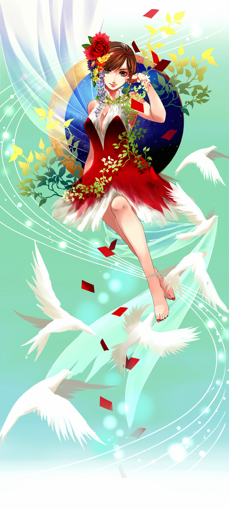 1girl barefoot bird breasts brown_eyes brown_hair cleavage confetti crescent_moon crossed_ankles curtains dress flower full_body hair_flower hair_ornament hand_up highres invisible_chair large_breasts looking_at_viewer meiko_(vocaloid) moon nail_polish plant plunging_neckline short_hair sitting sleeveless sleeveless_dress smile solo toenail_polish toenails toyu vines vocaloid