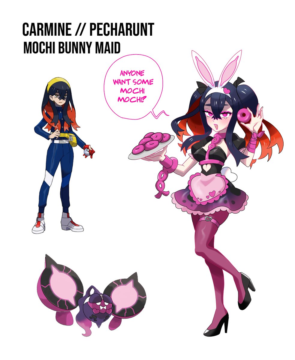 1girl alternate_costume alternate_eye_color alternate_hairstyle animal_ear_hairband animal_ears apron bandaged_arm bandages black_dress black_footwear black_hair blush bracelet bright_pupils carmine_(pokemon) character_name clothing_cutout collar colored_inner_hair commentary crossed_bangs cutout_above_navel detached_sleeves donut dress english_commentary english_text eyeshadow fake_animal_ears fake_tail food frilled_apron frilled_skirt frills gradient_clothes gradient_dress hair_between_eyes hairband heart heart_cutout high_heels highres holding holding_donut holding_food holding_plate jewelry knee_up looking_at_viewer maid makeup mole mole_under_each_eye mole_under_eye multicolored_hair multiple_moles nintendo nontraditional_playboy_bunny official_art_inset open_mouth pantyhose pecharunt pink_apron pink_collar pink_eyes pink_eyeshadow pink_lips plate pokemon pokemon_sv puffy_short_sleeves puffy_sleeves purple_dress purple_pantyhose rabbit_ears rabbit_tail red_hair reference_inset rhymewithray short_sleeves sidelocks simple_background skirt smile solo speech_bubble strapless strapless_dress tail twintails two-tone_hair waist_apron white_background white_pupils