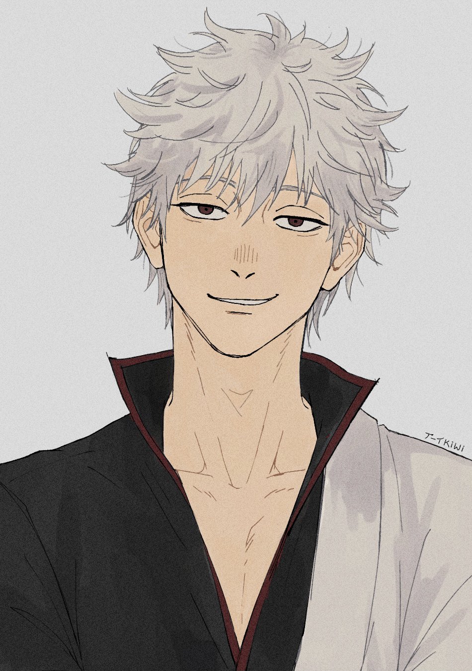 1boy gintama hair_between_eyes high_collar highres japanese_clothes kimono looking_at_viewer male_focus sakata_gintoki short_hair simple_background smile solo thesameeyekiwi upper_body white_background white_hair