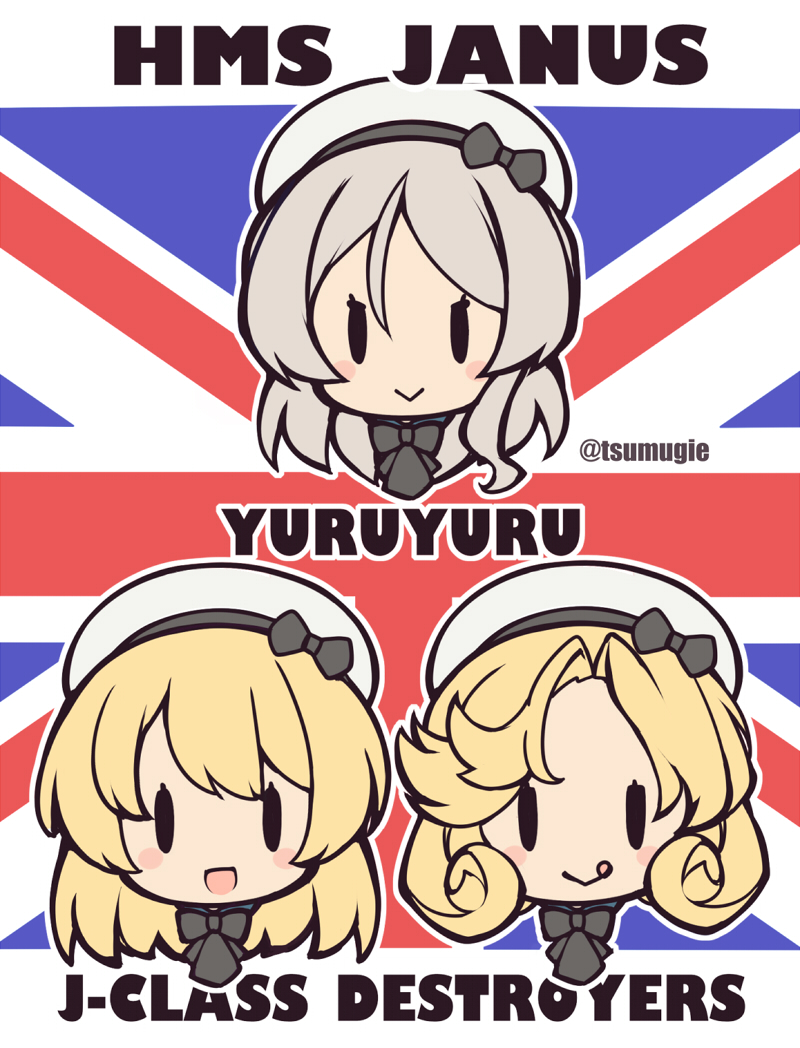3girls :&gt; :q akikaze_tsumuji blonde_hair blush character_name chibi commentary_request flag_background grey_hair hat head_only janus_(kancolle) javelin_(kancolle) jervis_(kancolle) kantai_collection long_hair multiple_girls open_mouth sailor_collar sailor_hat smile tongue tongue_out twitter_username union_jack